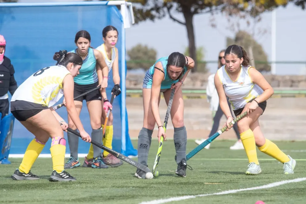 Imagen del animado encuentro entre los equipos del Elqui Field Hockey Club de La Serena (serie 16) y Las Pingüinas de Cachagua.// CRISTIAN SILVA.