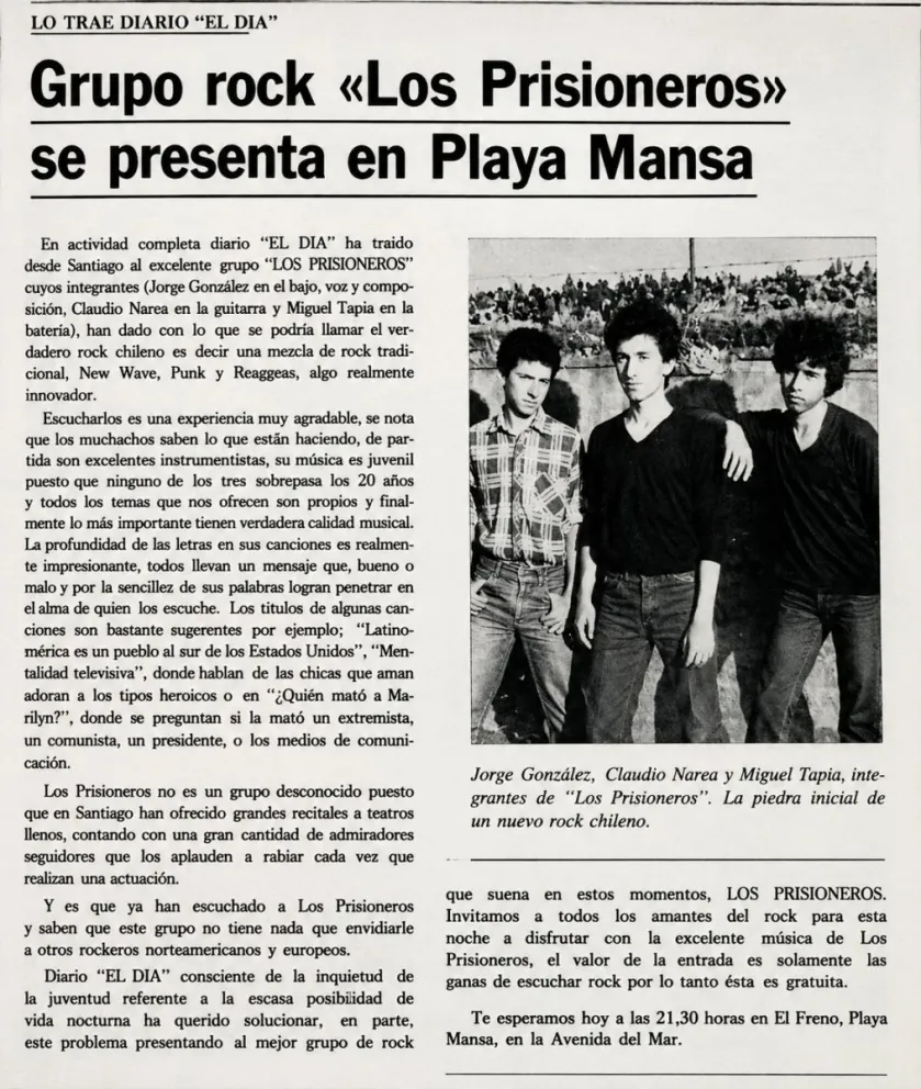 La histórica visita fue organizada por Diario El Día, que apostó por una joven banda que años más tarde marcaría a toda una generación.