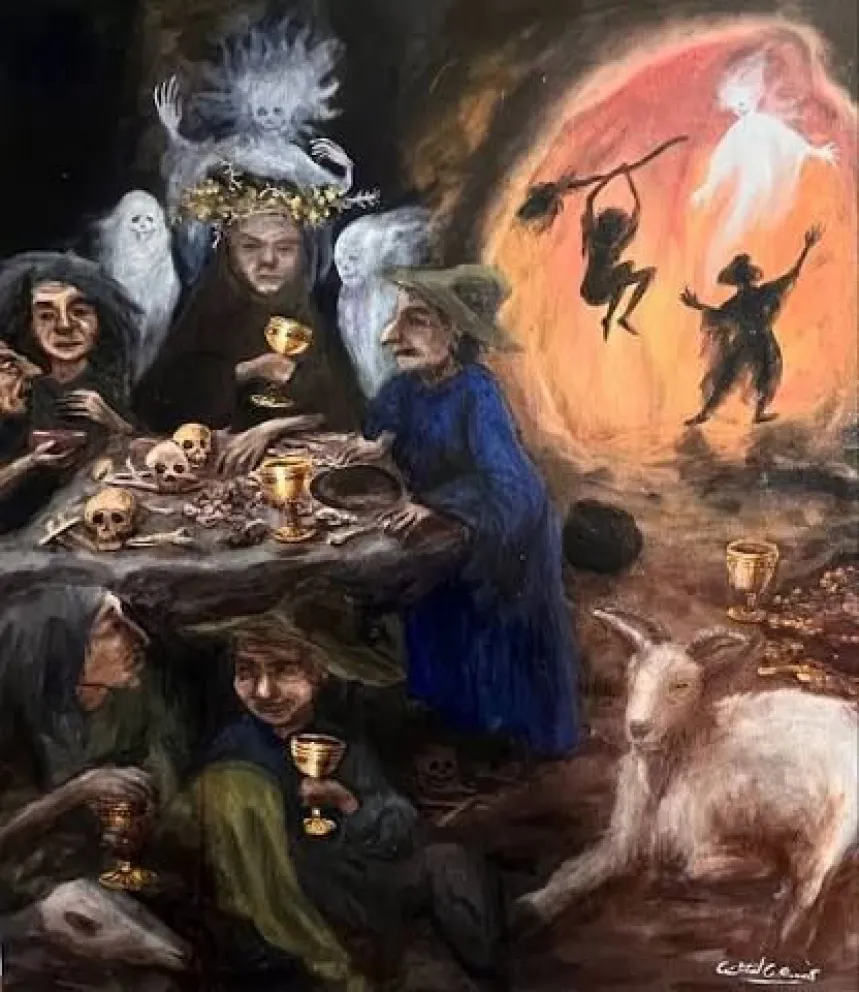 Las brujas de Salamanca, sus reuniones y hechizos son parte de los mitos leyendas y el folclor de la zona. En este óleo “La cueva de los brujos de Salamanca”, de Cristóbal Cisternas, se idealizan sus encuentros. (Foto: Cristóbal Cisternas)